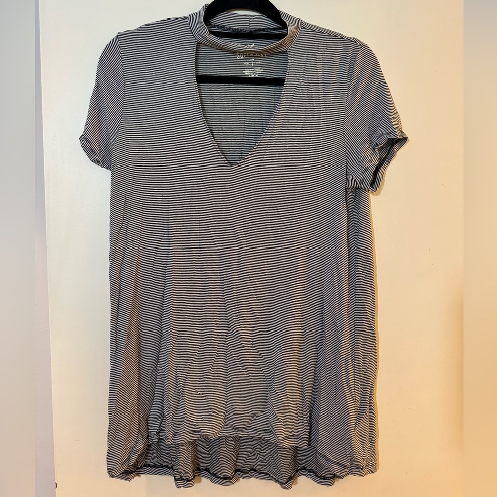 American Eagle Outfitters Black and White Striped V-Neck Tee